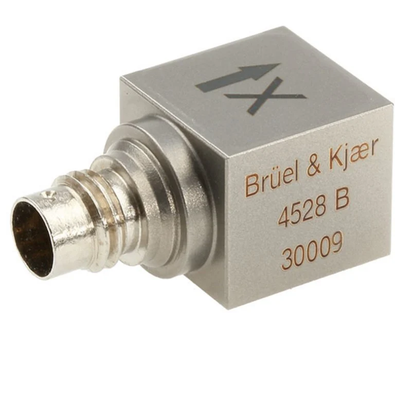 Actual Type 4528-B triaxial accelerometer photograph from HBK data sheet BP 2451; all three sensitivity variants share this housing