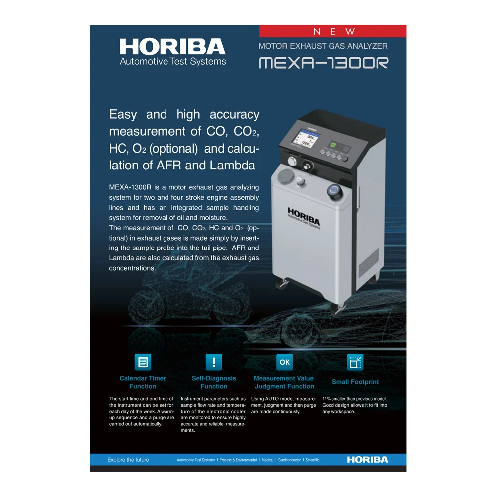 תצלום יצרן רשמי של HORIBA עבור מנתח פליטות נייד MEXA-1300R, משולב בכריכת הברושור; נשמר במלואו בתוך ריבוע ללא חיתוך