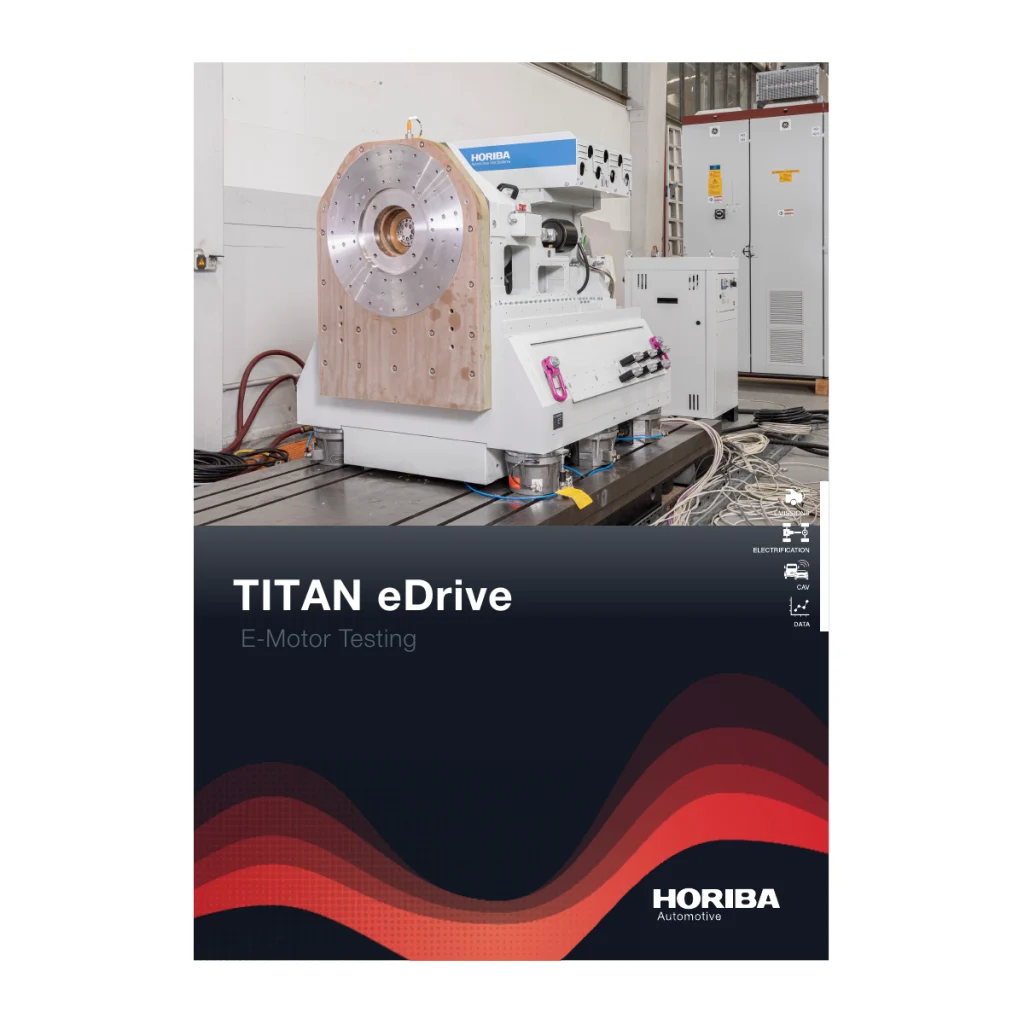Official HORIBA manufacturer photograph for TITAN eDrive electric-motor test system, embedded in the brochure cover; retained in full inside a square without cropping