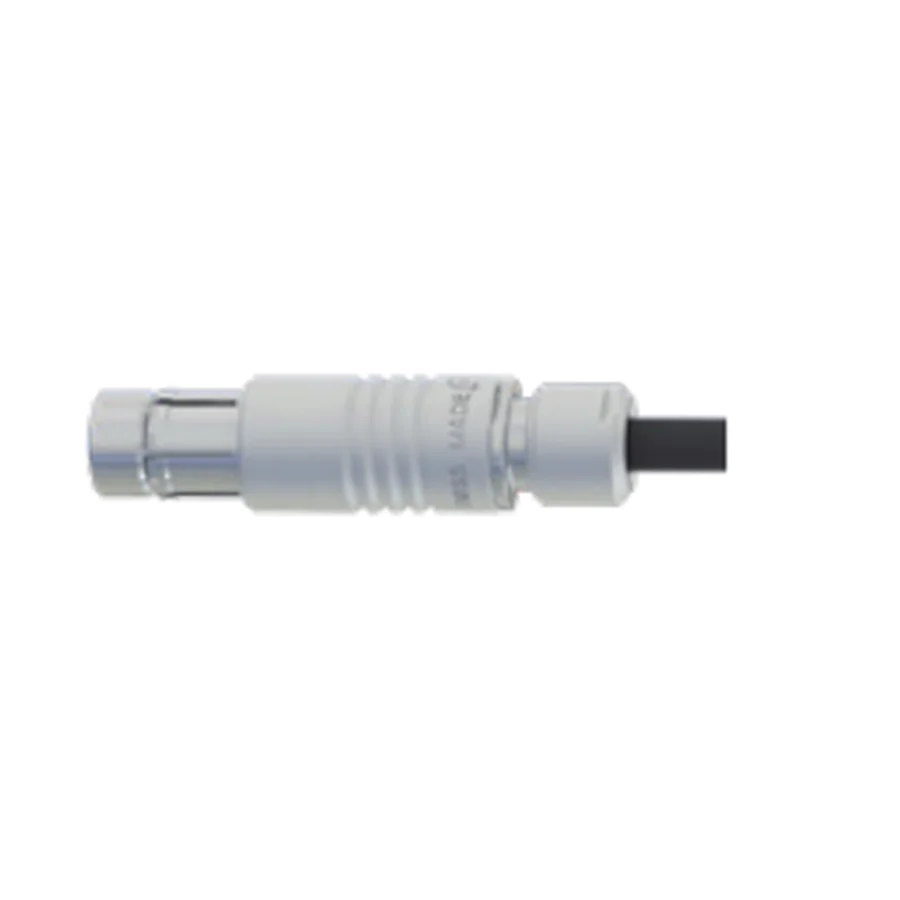הדמיית יצרן מדויקת מתוך קטלוג Micro-Epsilon לתקע הטריאקס 0323727 עם קצה הכבל המחובר (2.1 mm); זהו מחבר עם מוביל קצר, לא הצגה של מלוא אורך הכבל