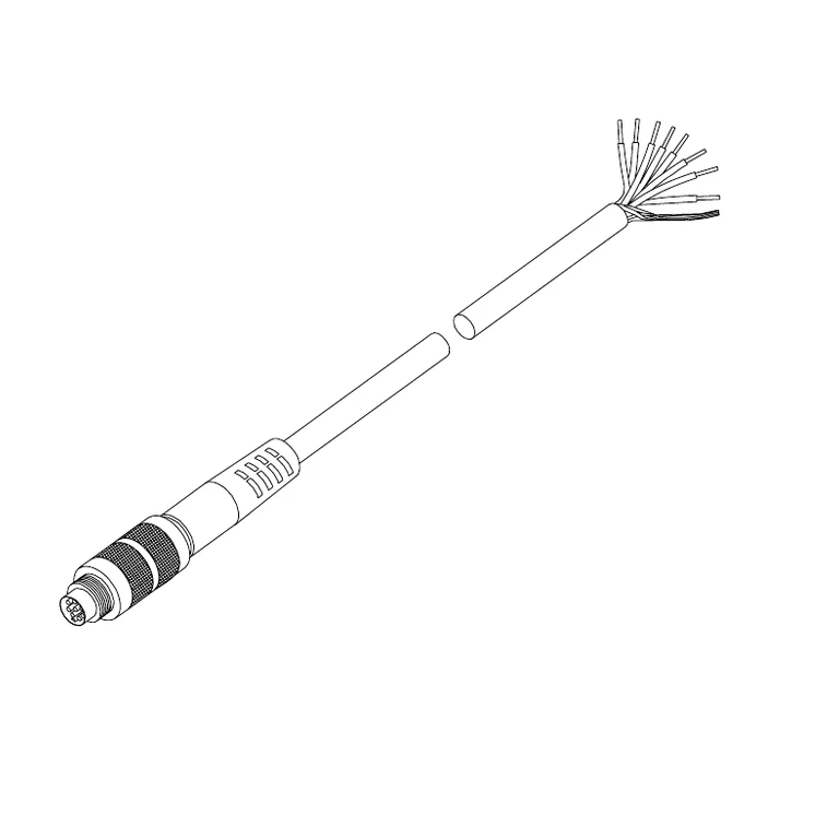 איור קווי מלא של כבל הזנה/PLC ל־colorSENSOR OT‑3, מחבר M9 בן 8 פינים, 5 מ׳; שני הקצוות והכבל בשלמותם. זהו איור מייצג, לא צילום מוצר. במסמכי היצרן קיימת אי־התאמה בין המק״ט 11234098 בכיתוב pinout לבין 11234099 בטבלת האביזרים; יש לאמת מק״ט לפני הזמנה.