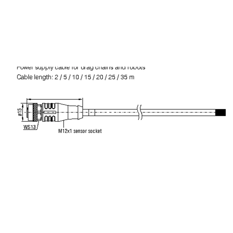 איור טכני מלא של כבל הזנה ECR3000-x מתוך קטלוג surfaceCONTROL, עמ׳ 28; הכבל, שני קצותיו וקווי המידה נשמרו ללא חיתוך