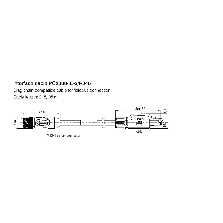 איור טכני מלא של כבל ממשק Ethernet תעשייתי PC3000-IE-x/RJ45 מתוך קטלוג surfaceCONTROL, עמ׳ 28; הכבל, שני קצותיו וקווי המידה נשמרו ללא חיתוך