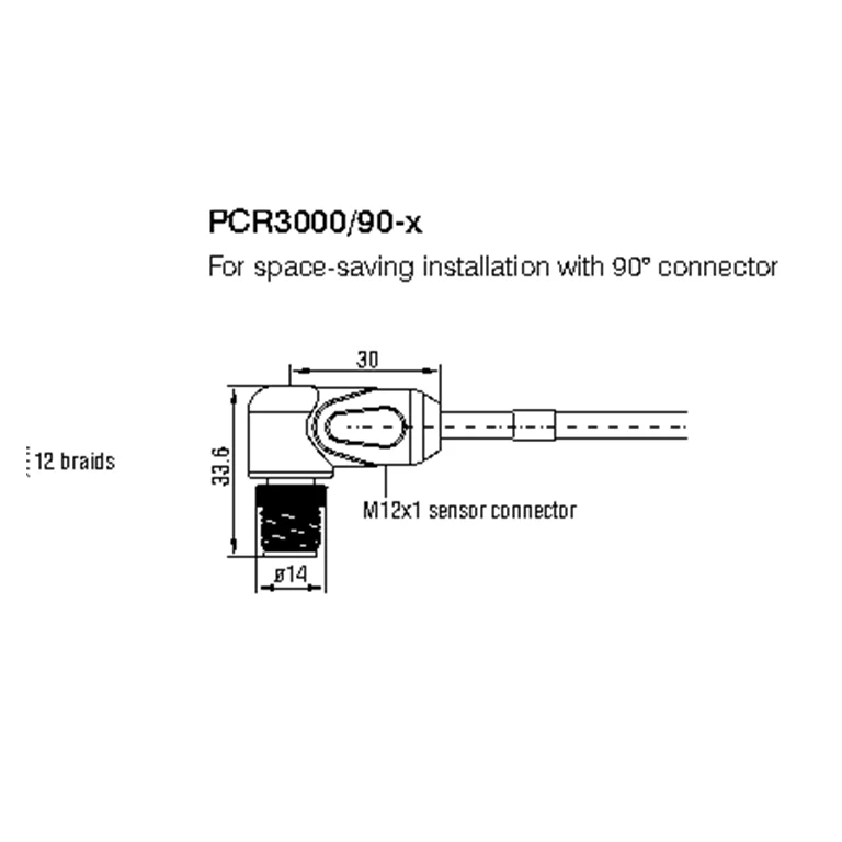 איור טכני מלא של כבל רב־תכליתי זוויתי PCR3000/90-x מתוך קטלוג surfaceCONTROL, עמ׳ 28; הכבל, שני קצותיו וקווי המידה נשמרו ללא חיתוך
