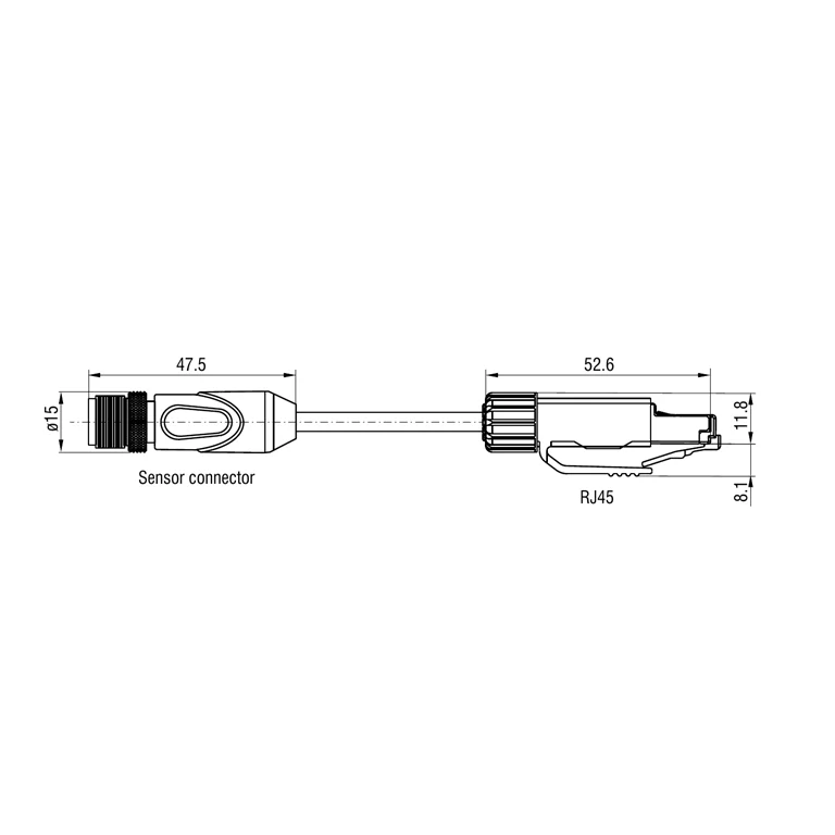 Complete manufacturer illustration of the SCR3000A-x scanner Ethernet cable; the full lead, both ends and dimensions are contained in the square without cropping. scanCONTROL catalog, p. 51.