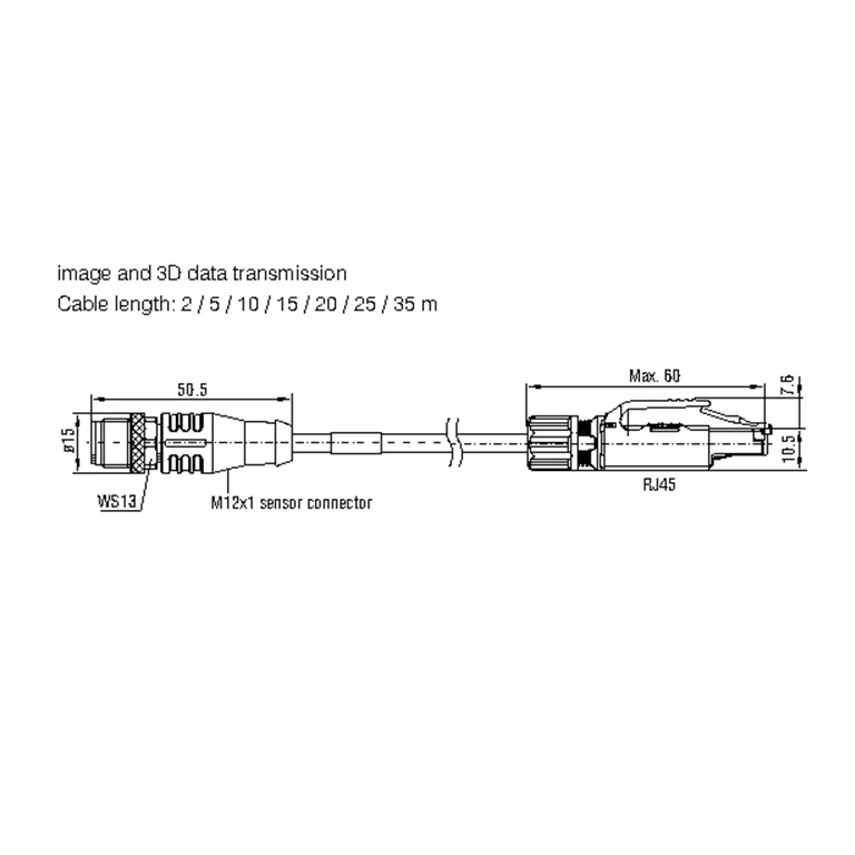 איור טכני מלא של כבל Ethernet SCR3000X-x מתוך קטלוג surfaceCONTROL, עמ׳ 28; הכבל, שני קצותיו וקווי המידה נשמרו ללא חיתוך