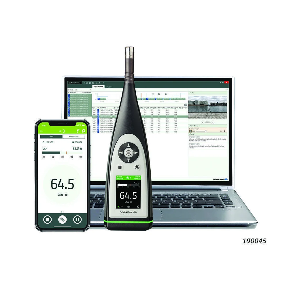 Complete application photo of the B&K 2245 with phone and computer; the manufacturer data sheet does not include a dedicated dimensional drawing