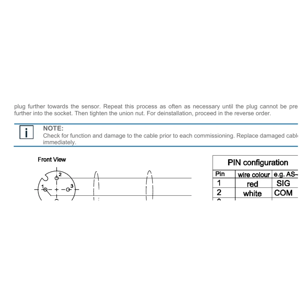 שרטוט pinout מלא של מחבר M12 בעל 4 פינים עבור AC-1403, כולל צבעי גידים, SIG/COM ומיגון