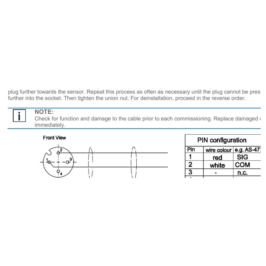 שרטוט pinout מלא של מחבר M12 בעל 4 פינים עבור AC-1404, כולל צבעי גידים, SIG/COM ומיגון