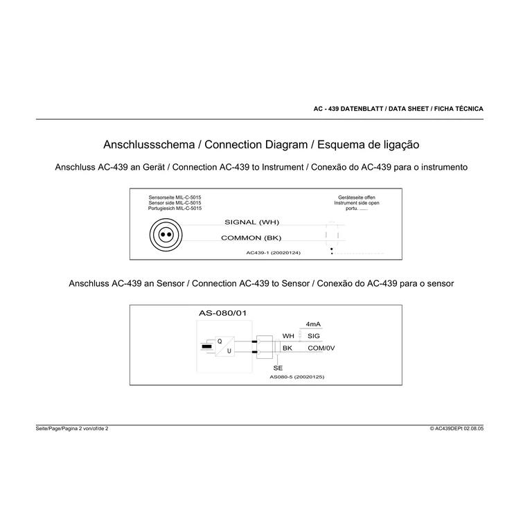 תרשים החיבור הרשמי של AC‑439 למכשיר: אות SIGNAL ומוליך COMMON דרך מחבר MIL‑C‑5015
