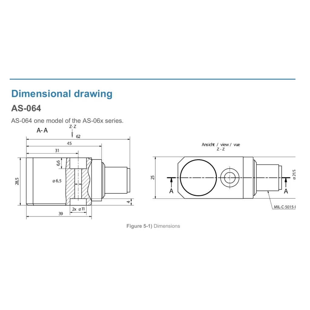 AS-064 side and top dimensional views with 62, 45, 31, 28.5 mm height and 21.5 mm diameter; dimension lines and labels retained