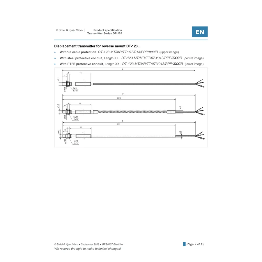 Complete manufacturer drawing page for DT-123 displacement transmitter; uniformly reduced into a square without cropping views, dimension lines, or values