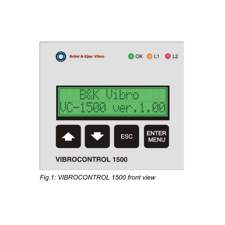 שרטוט יצרן במבט חזיתי של VIBROCONTROL 1500, התצוגה ולחצני ההפעלה