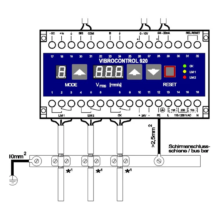 שרטוט חיבורי יצרן עם חזית VIBROCONTROL 920, מסופים וסרגל הארקה