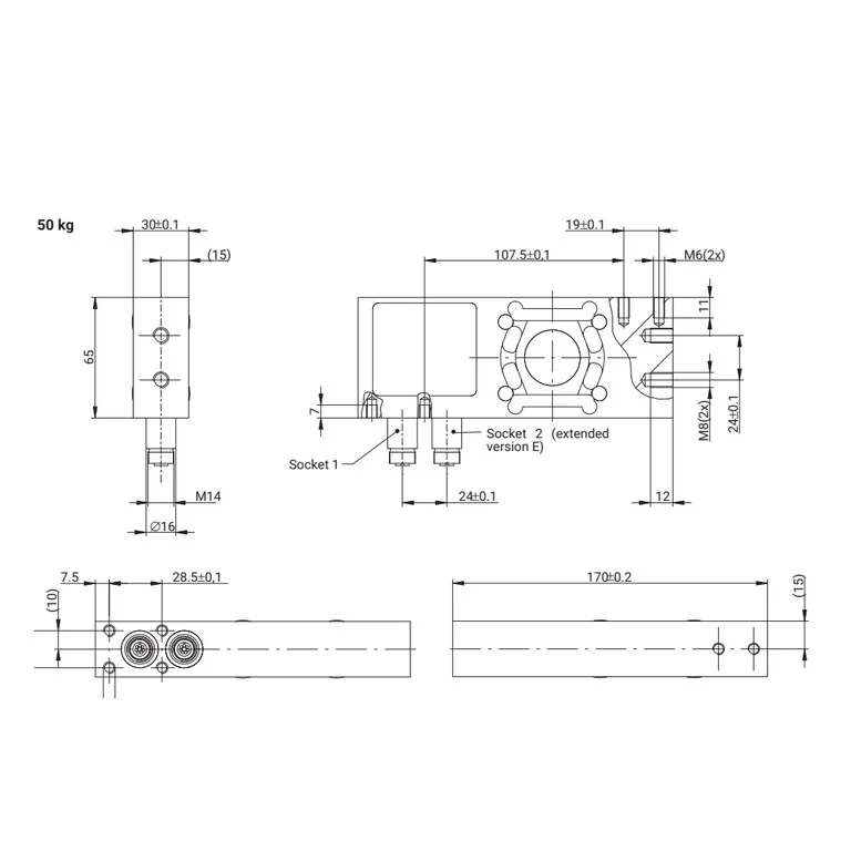HBK FIT5A 30–50 kg dimensional drawing — orthographic views and load-cell-body dimensions