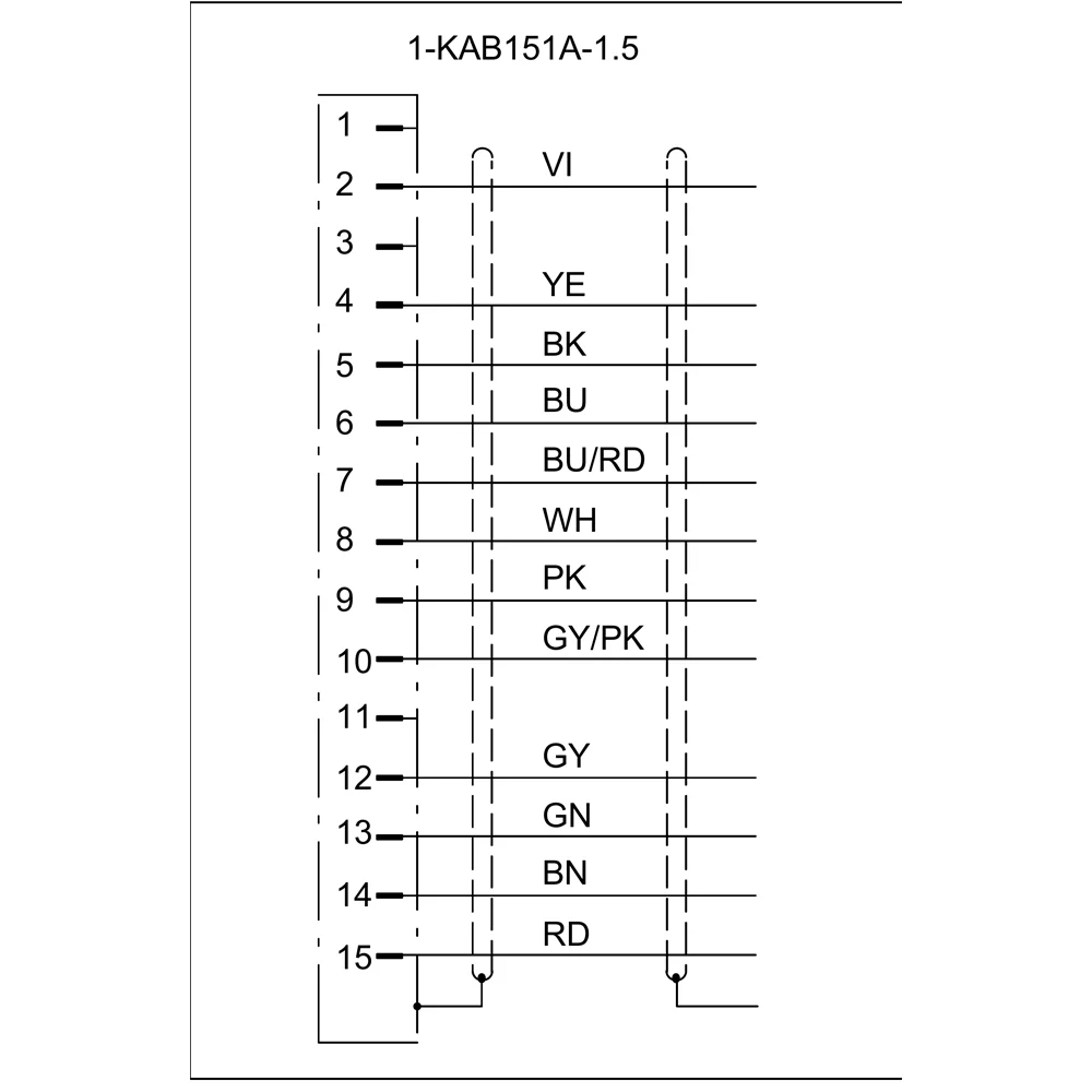 שרטוט חיווט היצרן לכבל 1-KAB151A-1.5: מחבר D-Sub זכר 15 פינים, צבעי מוליכים וסיכוך