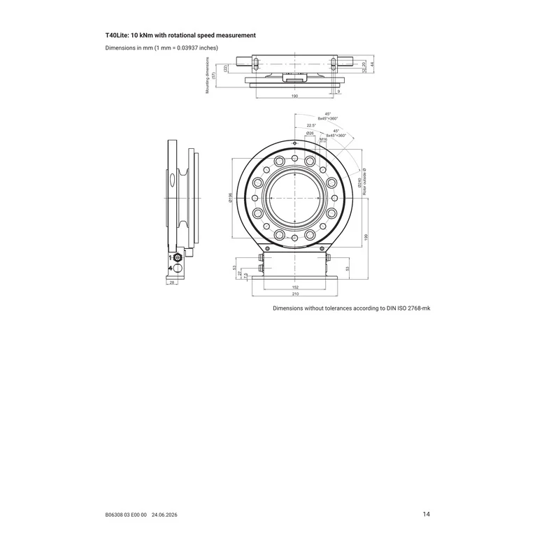 עמוד השרטוטים המלא של היצרן — דגם T40Lite ‏10 kN·m, כולל כל המבטים והמידות