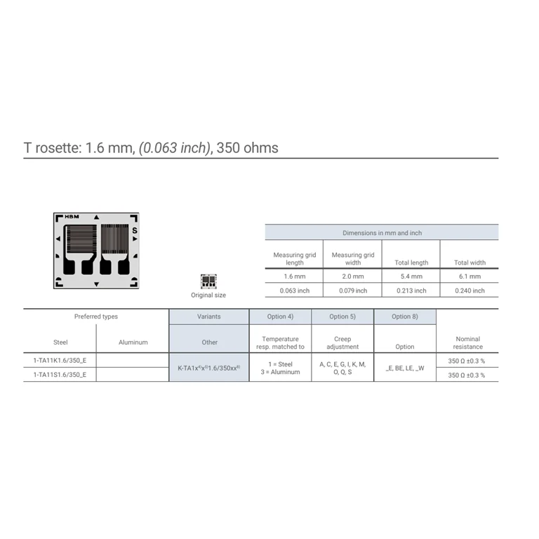 שרטוט/המחשת מידות של HBK — T-rosette TA11/TA13 dimension drawing, 1.6 mm grids