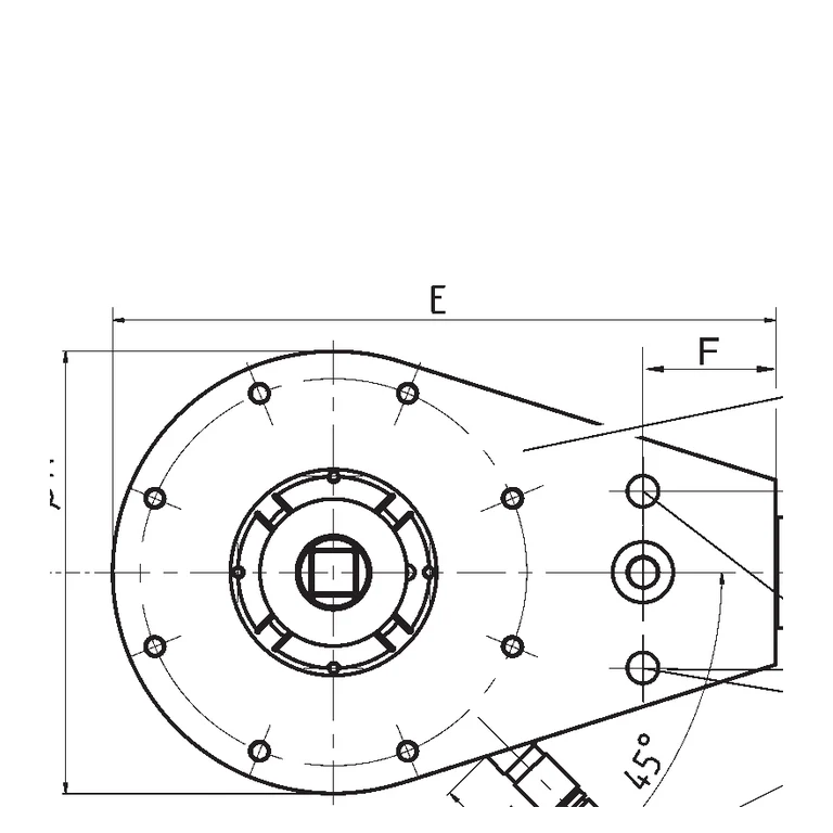 שרטוט מידות HBK B00335 — מבט חזיתי על ראש המדידה, נקודת החיבור והמידות E ו־F