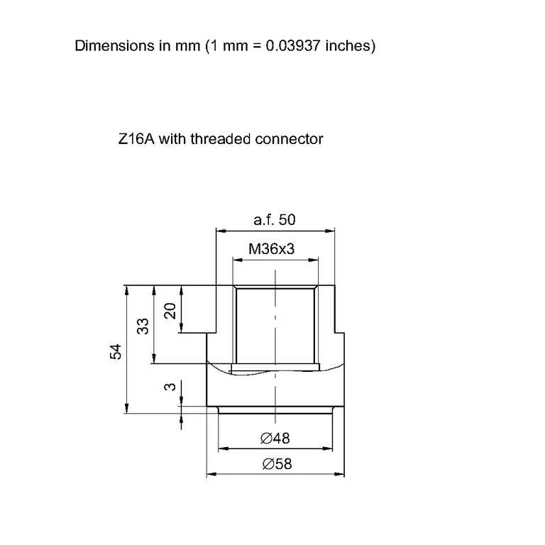 שרטוט HBK B03789 — מבט קצה של המחבר המושחל Z16A, עם מידות ההברגה והקוטר