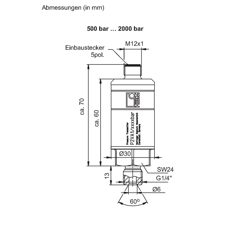 שרטוט יצרן לטווח 500–2,000 bar עם חיבור G1/4 בלבד; זהו השרטוט המתאים לגרסה זו