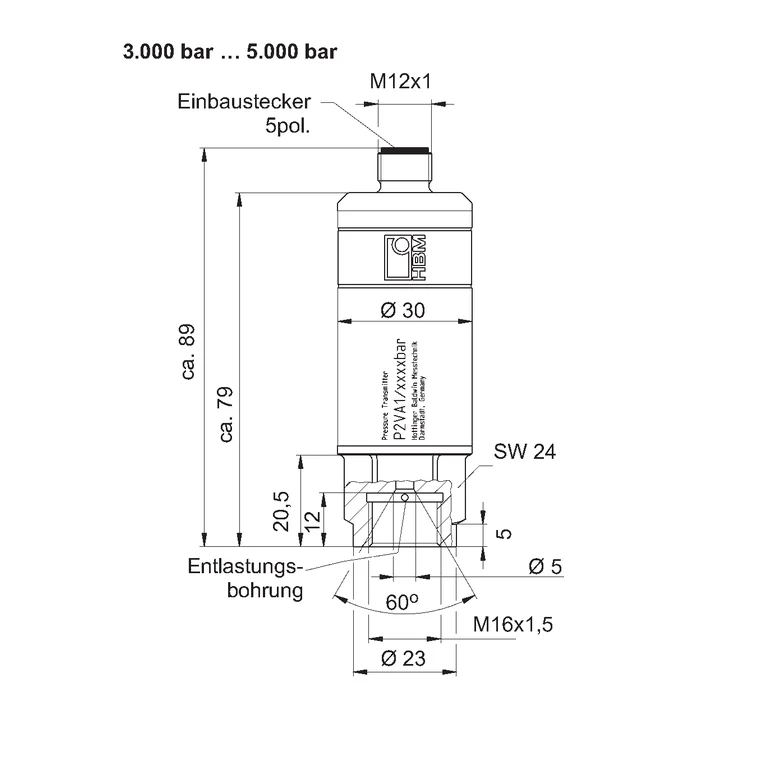 שרטוט יצרן לטווח 3,000–5,000 bar עם חיבור M16×1.5 בלבד; זהו השרטוט המתאים לגרסה זו