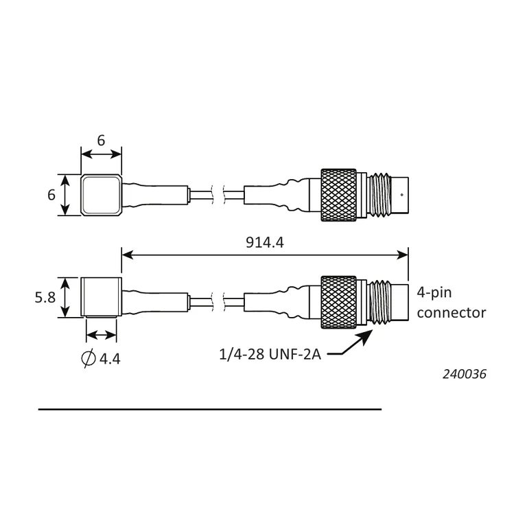 שרטוט BP 2705 — מבטים ממודדים מלאים של 6801-A-001; נשמרו מידות הגוף, הכבל 914.4 מ״מ והמחבר 4 פינים