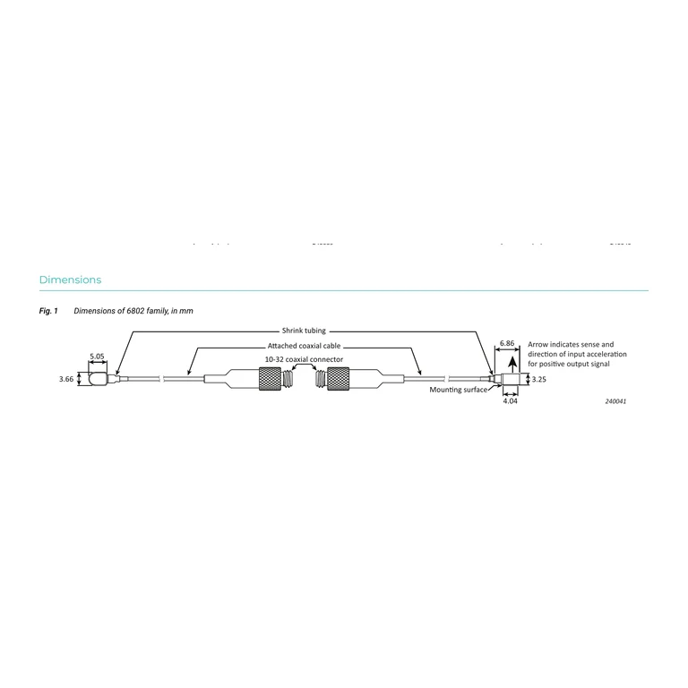 Complete BP 2706 side drawing of the Type 6802 assembly with integral cable, both connectors, acceleration direction and all dimensions; uncropped