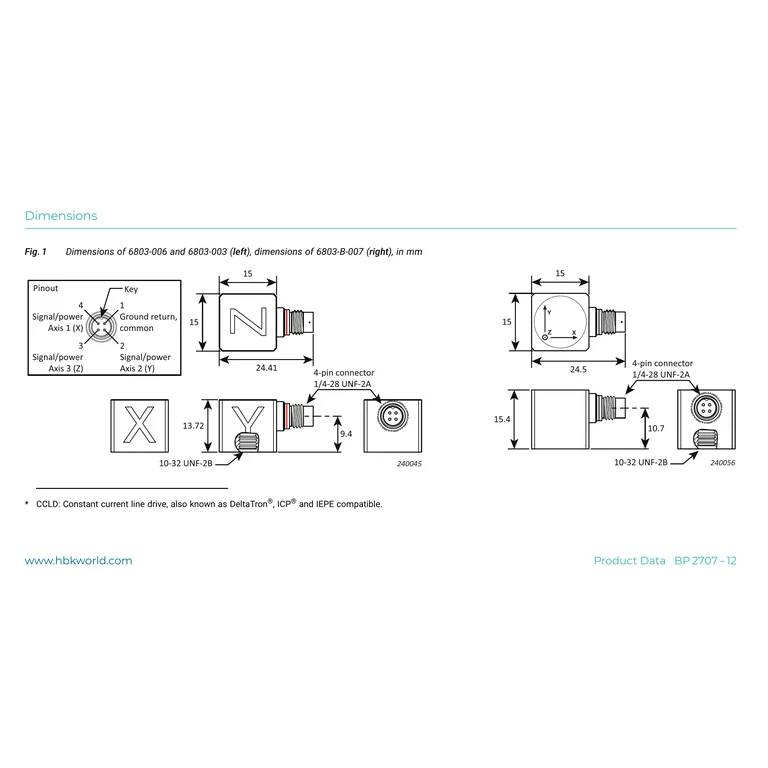 Complete HBK 6803 manufacturer drawing — the figure shows 003/006 and TEDS B-007 variants with all dimensions and connectors
