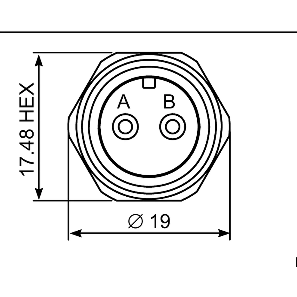 מבט חזיתי על מחבר Type 8341, עם מידות 17.48 HEX ו־Ø19 ומיקום מגעי A/B; מתוך שרטוט HBK BP 2084