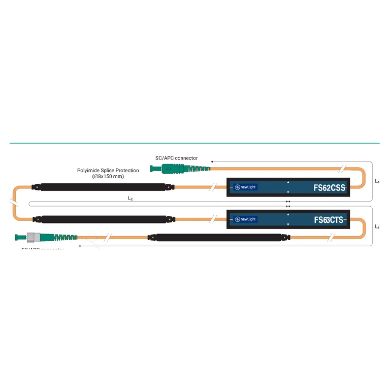סכמת מערך רשמית של מערך newLight FS76 עם כבל ארמיד — שילוב חיישני עיבור/טמפרטורה, מחברים ואורכי סיב