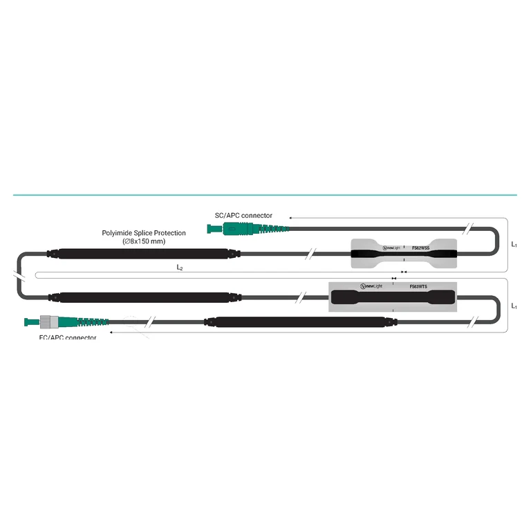 סכמת מערך רשמית של מערך newLight FS76 עם כבל משוריין — שילוב חיישני עיבור/טמפרטורה, מחברים ואורכי סיב