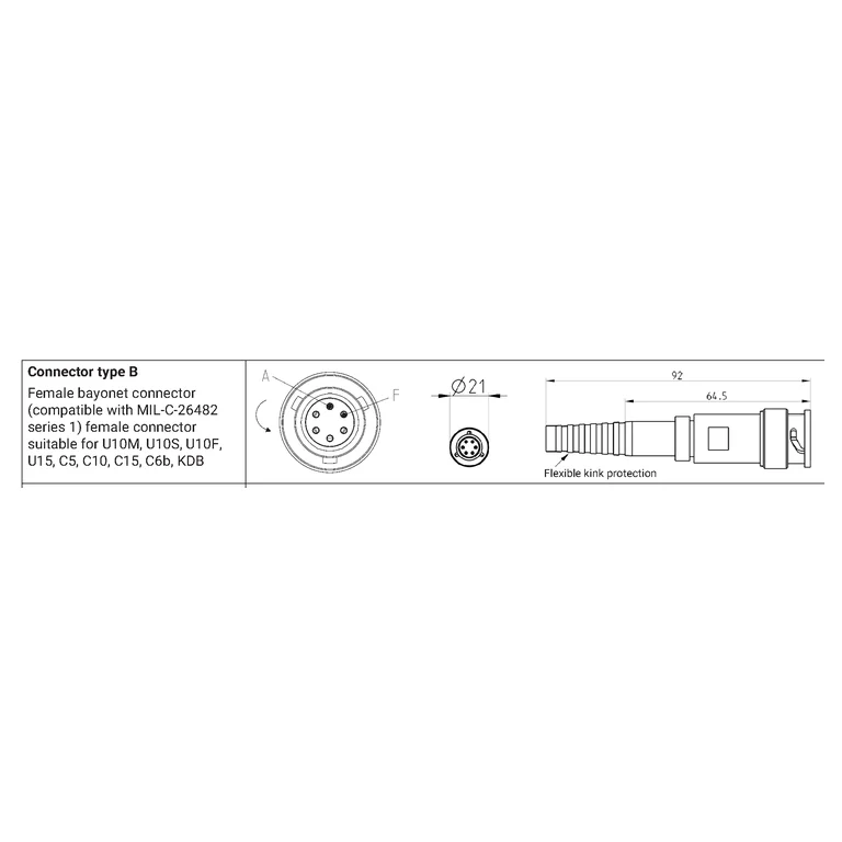 Sensor-side connector B contact-layout and dimension drawing: straight bayonet. Contact positions are shown; HBK does not publish electrical pin-to-wire assignments here.