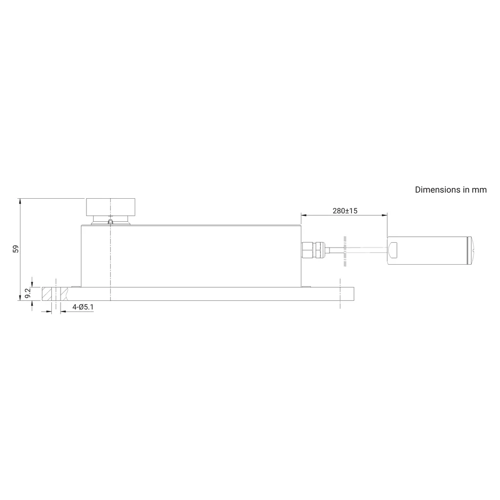 שרטוט מידות יצרן B06154 — מבט צד מלא של SPLE, כולל מידות הגוף, הבסיס, מיקום ההתקנה והמחבר; ללא חיתוך קווי מידה