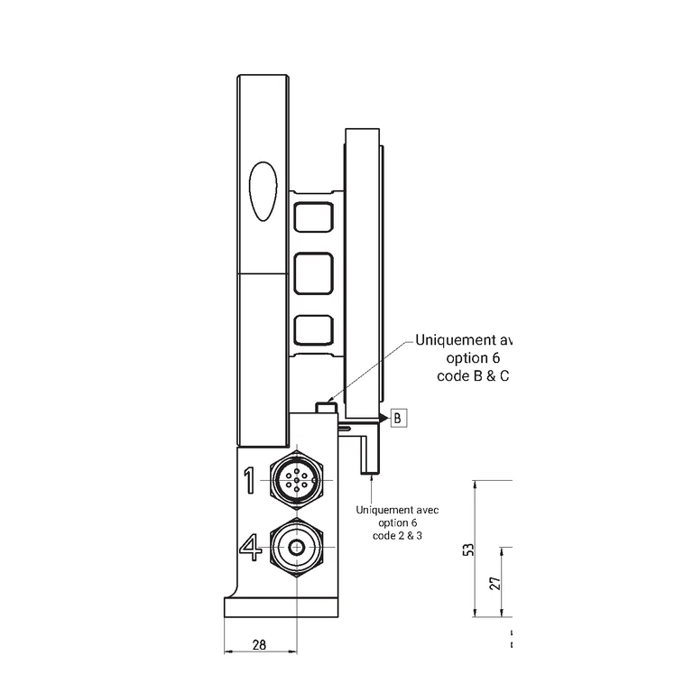 שרטוט מידות HBK — מבט צד של T40MS, ללא מדידת מהירות סיבוב