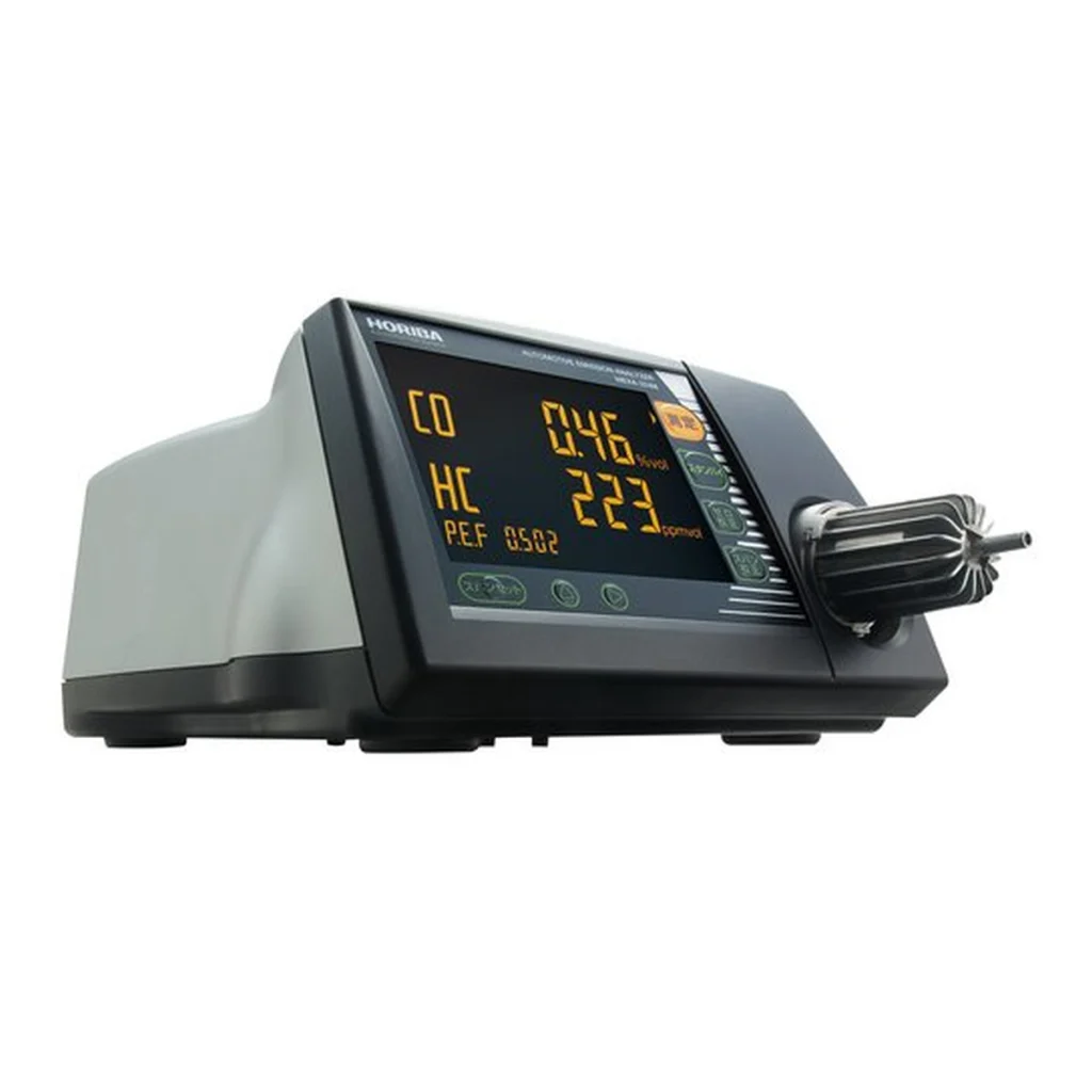 Official technical/product-page view for MEXA-324M automotive exhaust gas analyzer — complete page with no cropping; not a substitute for an order-specific dimension drawing