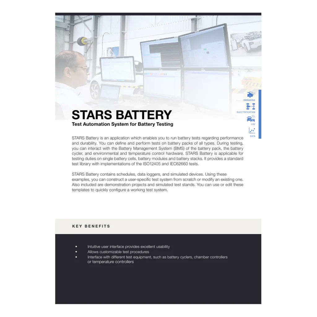 Official technical/product-page view for STARS Battery test-automation software — complete page with no cropping; not a substitute for an order-specific dimension drawing