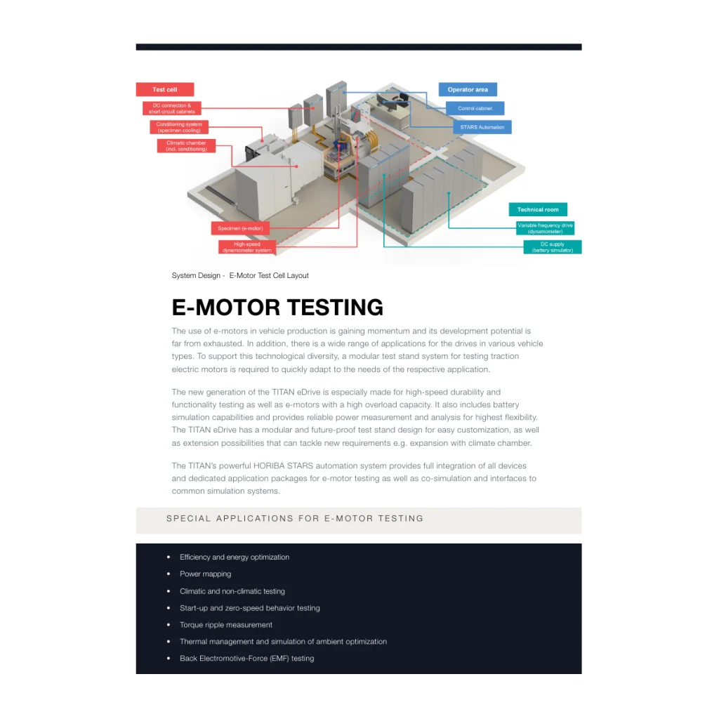 Official technical/product-page view for TITAN eDrive electric-motor test system — complete page with no cropping; not a substitute for an order-specific dimension drawing