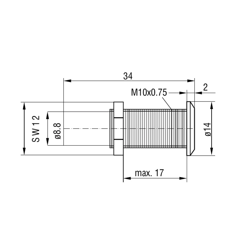מבט צד ממודד מלא: אורך 34 מ״מ, הברגת M10×0.75, SW12, קטרים Ø8.8 ו־Ø14 ומידה מרבית 17 מ״מ; ללא חיתוך קווי המידה.