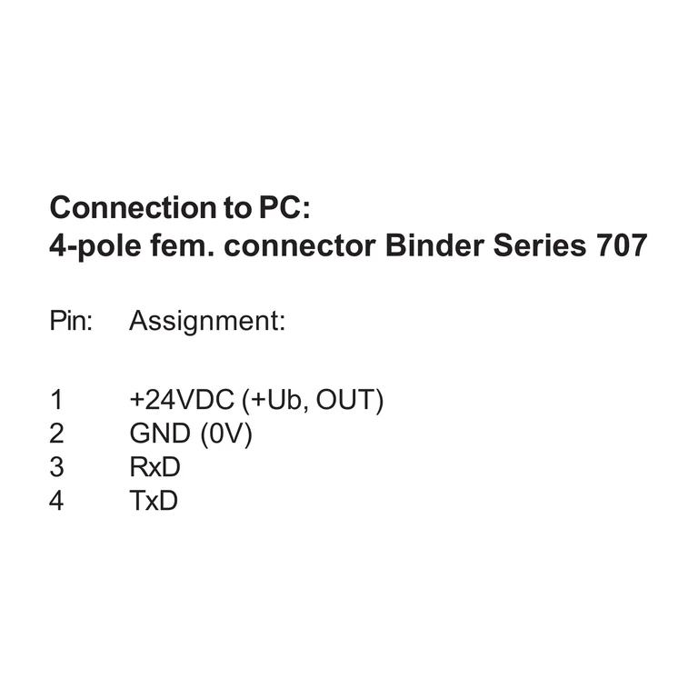 Four-contact Binder 707 assignment: 1 — +24 VDC / OUT; 2 — ground (GND); 3 — receive data (RxD); 4 — transmit data (TxD).