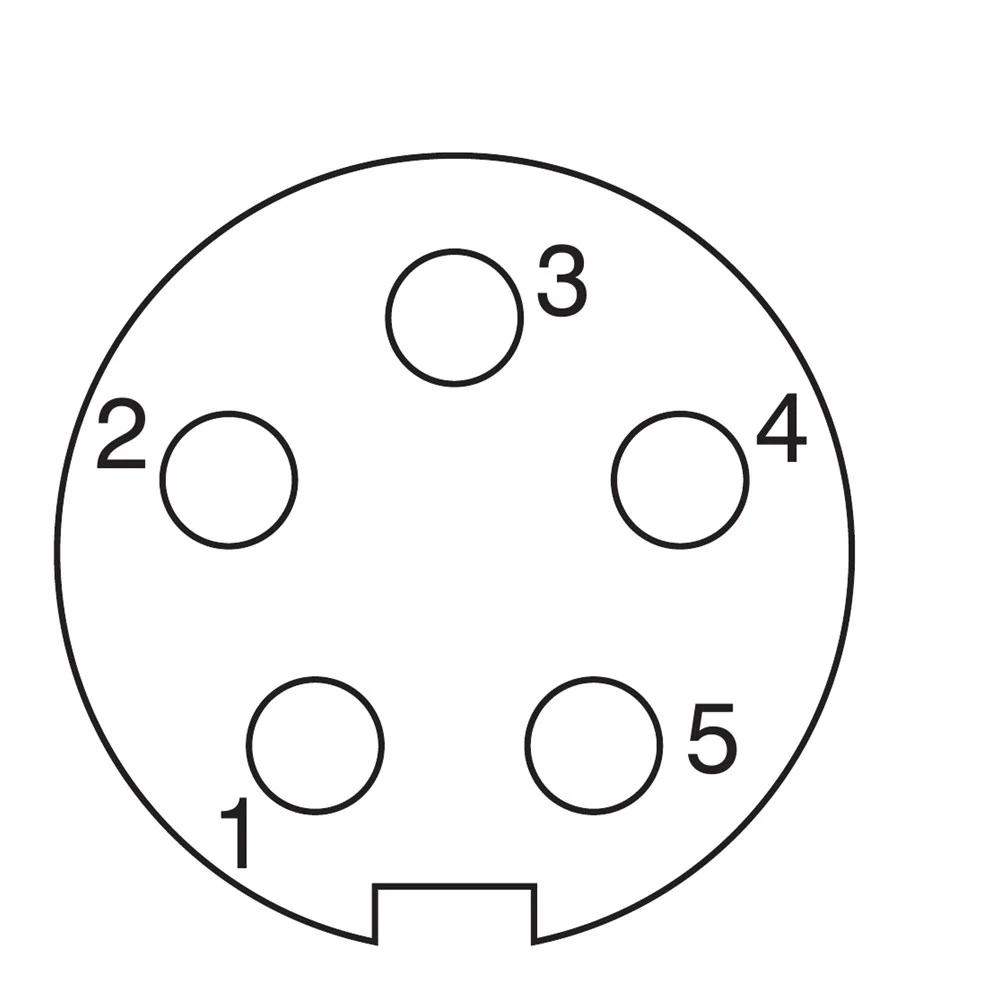 תרשים הפינים של מחבר M9 בעל 5 פינים. פינים: 1 TX; 2 ‎/TX; 3 ‎/RX; 4 RX; 5 אדמת RS422 מבודדת גלוונית.
