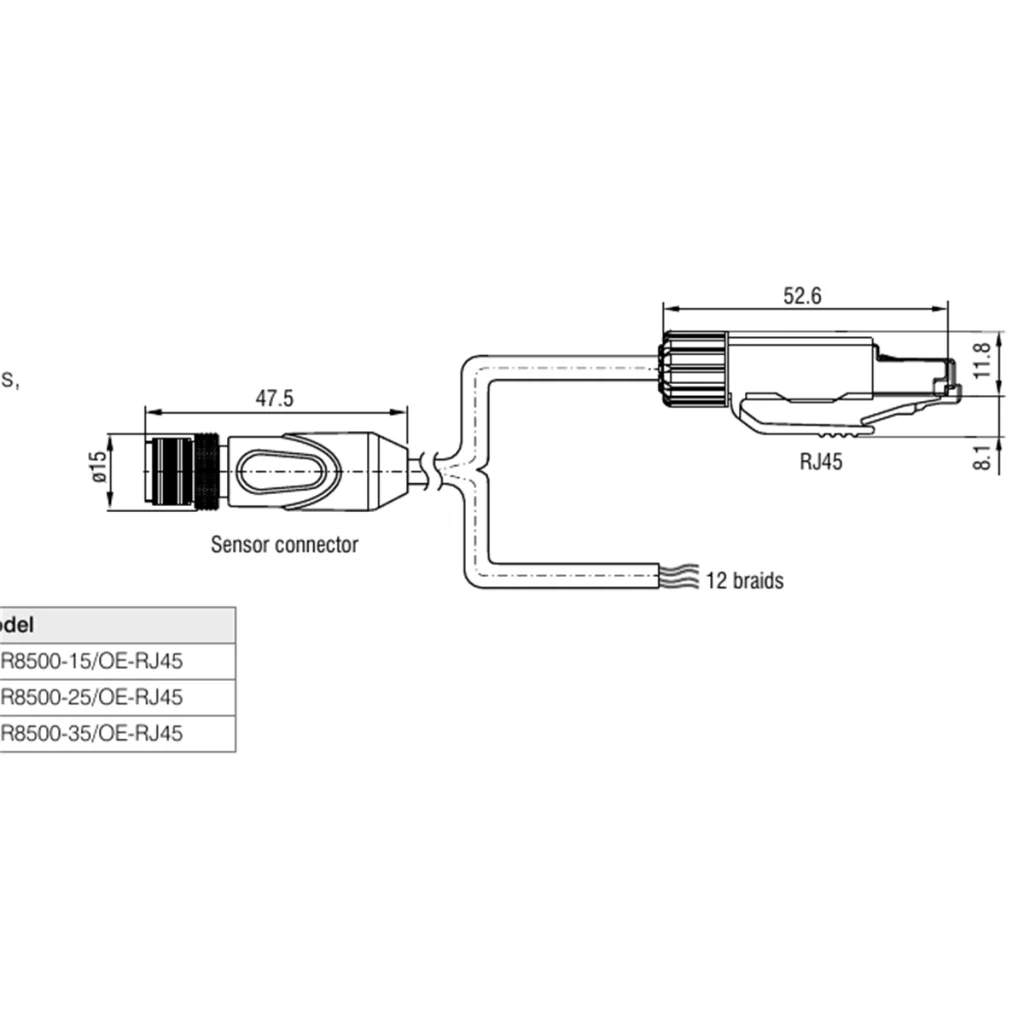 שרטוט מכני מלא של שני קצות כבל PCR8500: מחבר חיישן Ø15 באורך 47.5 מ״מ, RJ45 באורך 52.6 מ״מ, וסעיף 12 המוליכים.