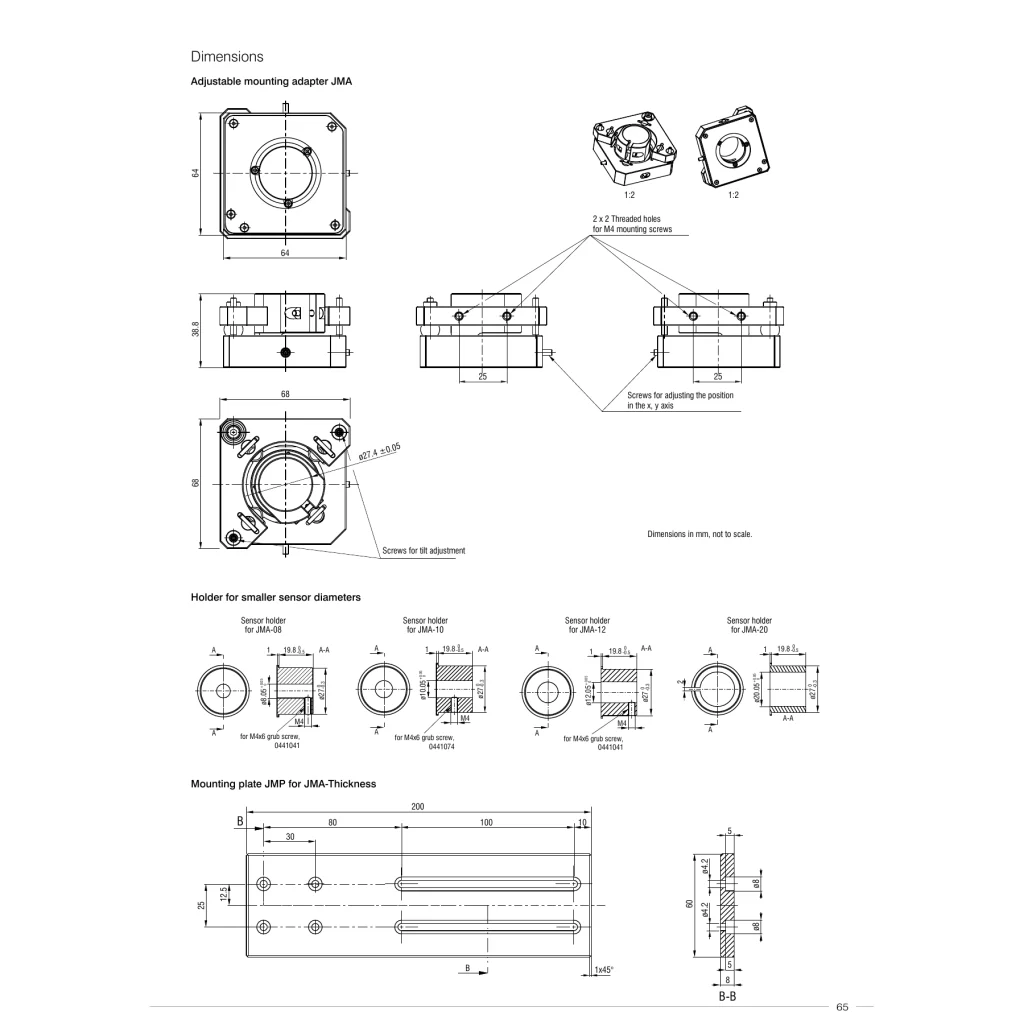 Complete manufacturer dimension page for JMP mounting plate, page 65; all views, dimensions and model labels retained. manufacturer names Mounting plate JMP for JMA-Thickness; descriptive label is not asserted to be an order code.