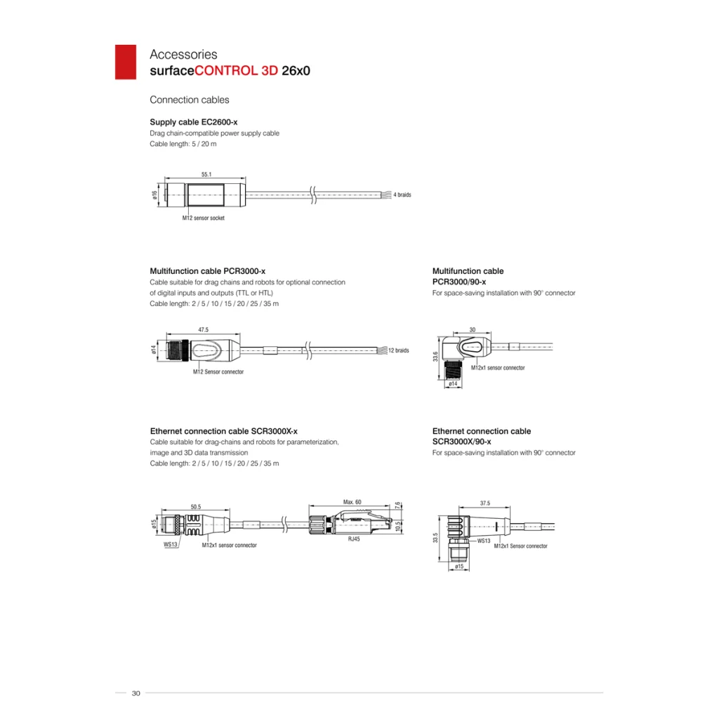 עמוד אביזרים רשמי של surfaceCONTROL 3D 26x0 עם מק״ט EC2600-x, אורכי 5/20 מ׳ ושרטוט הכבל המלא; ללא חיתוך