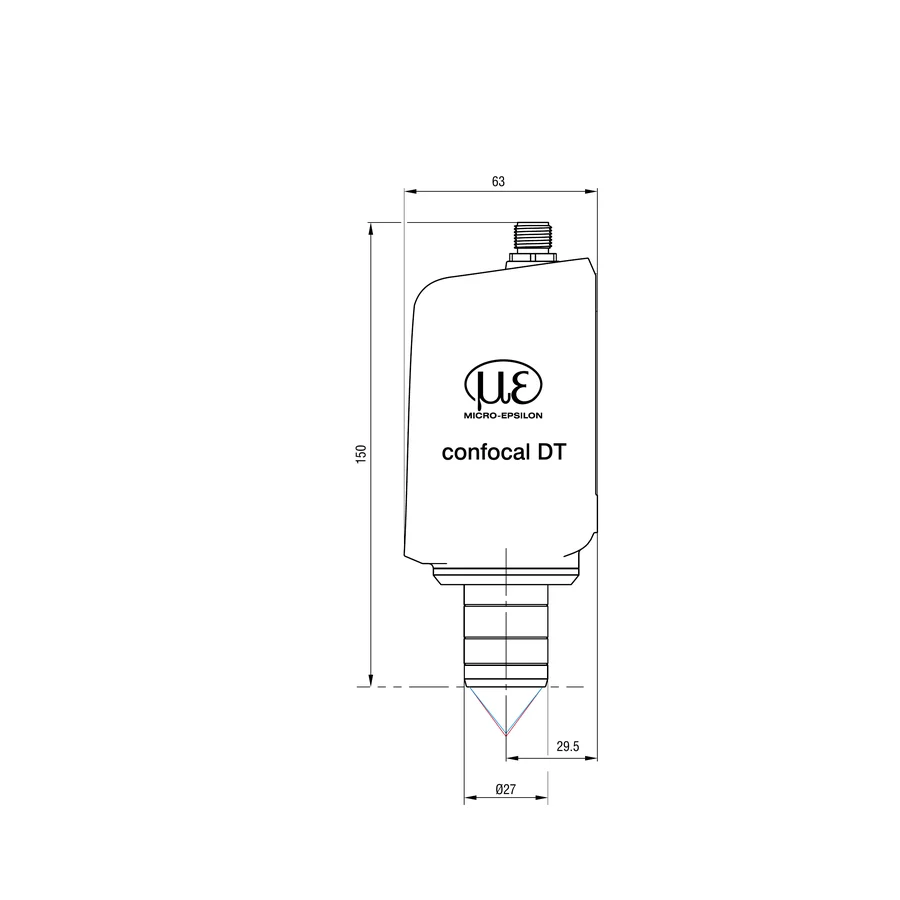 שרטוט מידות יצרן — מבט צד של גוף IFD2410-1; כולל מידות מעטפת והמרחקים האופטיים של סדרת הדגם.