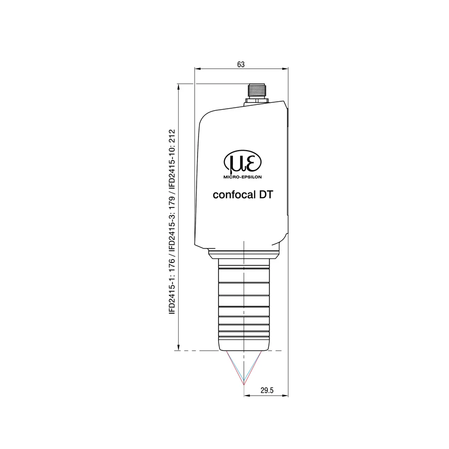שרטוט מידות יצרן — מבט צד של גוף IFD2415-3; כולל מידות מעטפת והמרחקים האופטיים של סדרת הדגם.