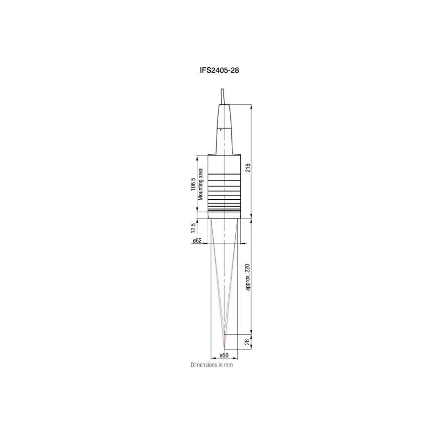 לוח מידות רשמי מלא לדגם IFS2405-28, כולל ההיטלים וקווי המידה שמופיעים בגיליון היצרן. המידות מוצגות במילימטרים כפי שמצוין במקור.