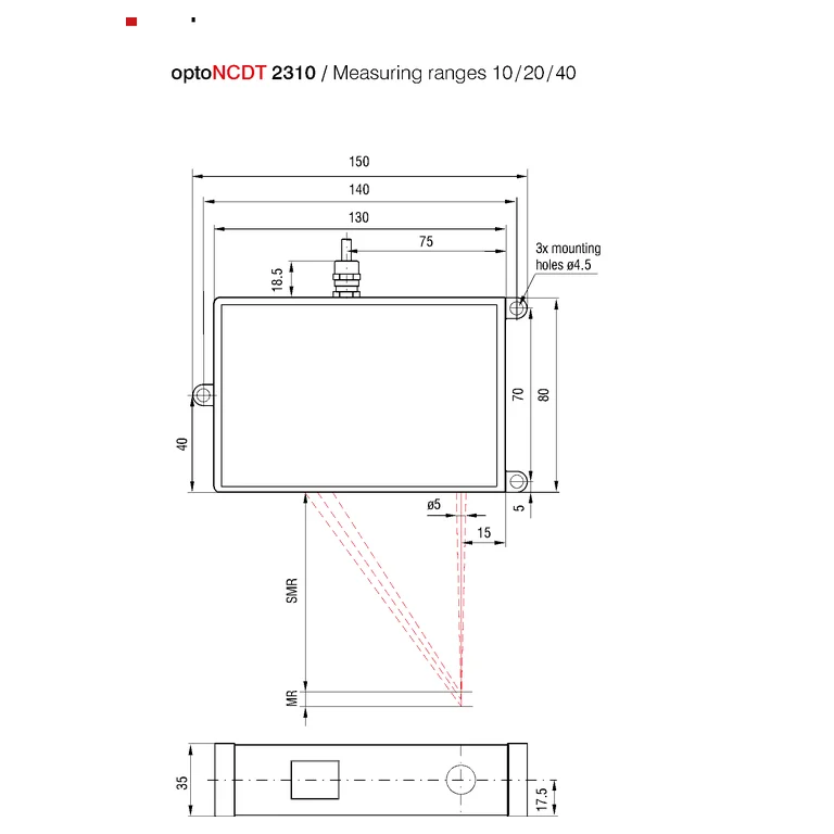 שרטוט מידות ומעטפת מדידה של optoNCDT 2310 לטווחים 10, 20 ו־40 מ״מ