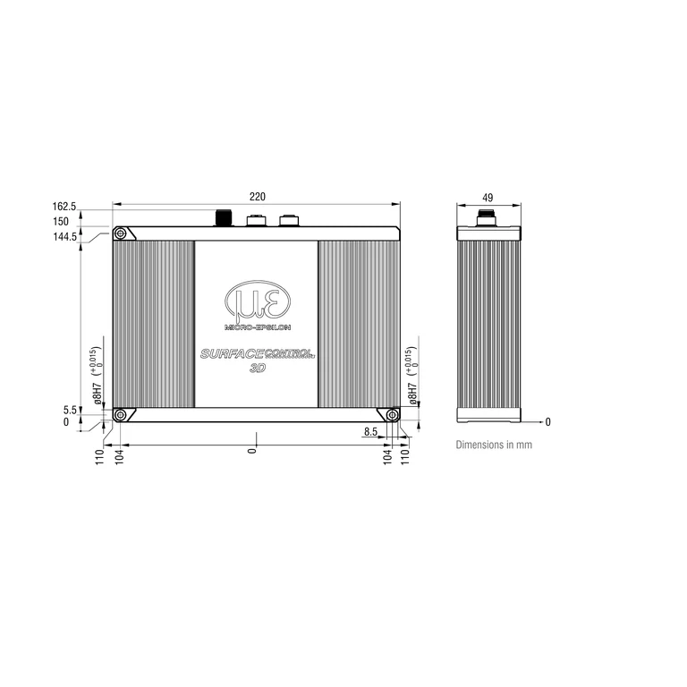 שרטוט מידות יצרן — מבט חזיתי של גוף surfaceCONTROL 3D 3560/3500/3200