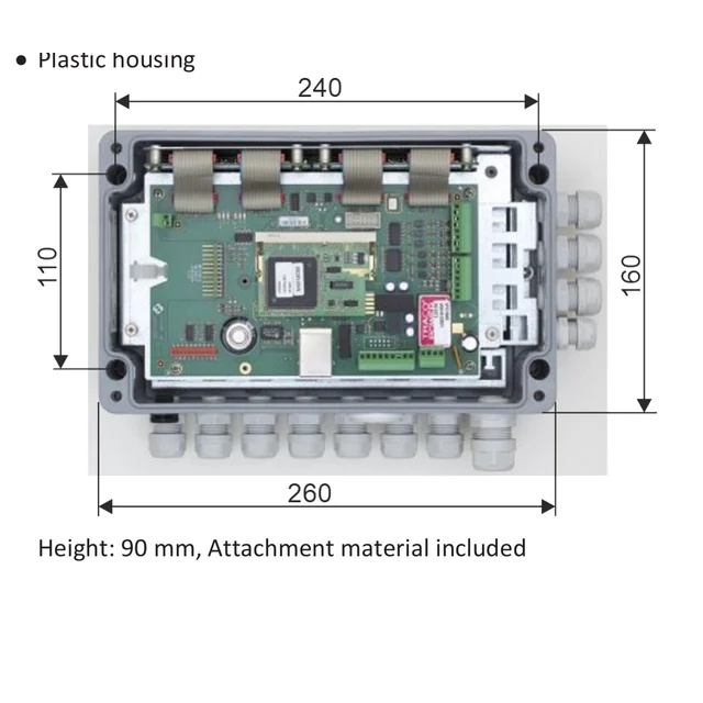 שרטוט מידות רשמי למארז הפלסטי: 240×160 מ״מ, מרווח תושבות 260×110 מ״מ וגובה 90 מ״מ; כל קווי המידות נשמרו